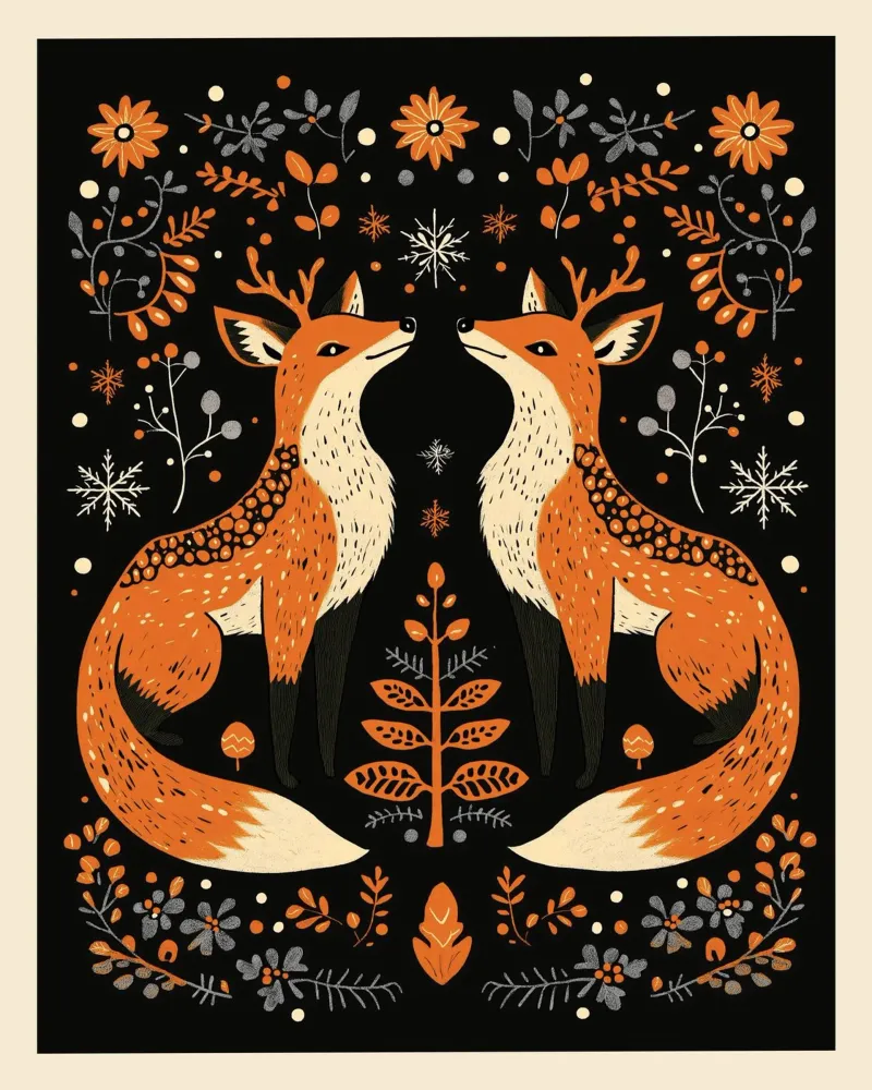 Folk Art Fox Print | Scandinavisch Yule Decor acryl van Farlane