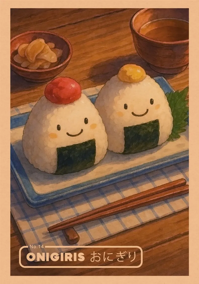 Anime-style smiling Onigiris - Japanese food series No. 14 poster with plastic frame by japanfox