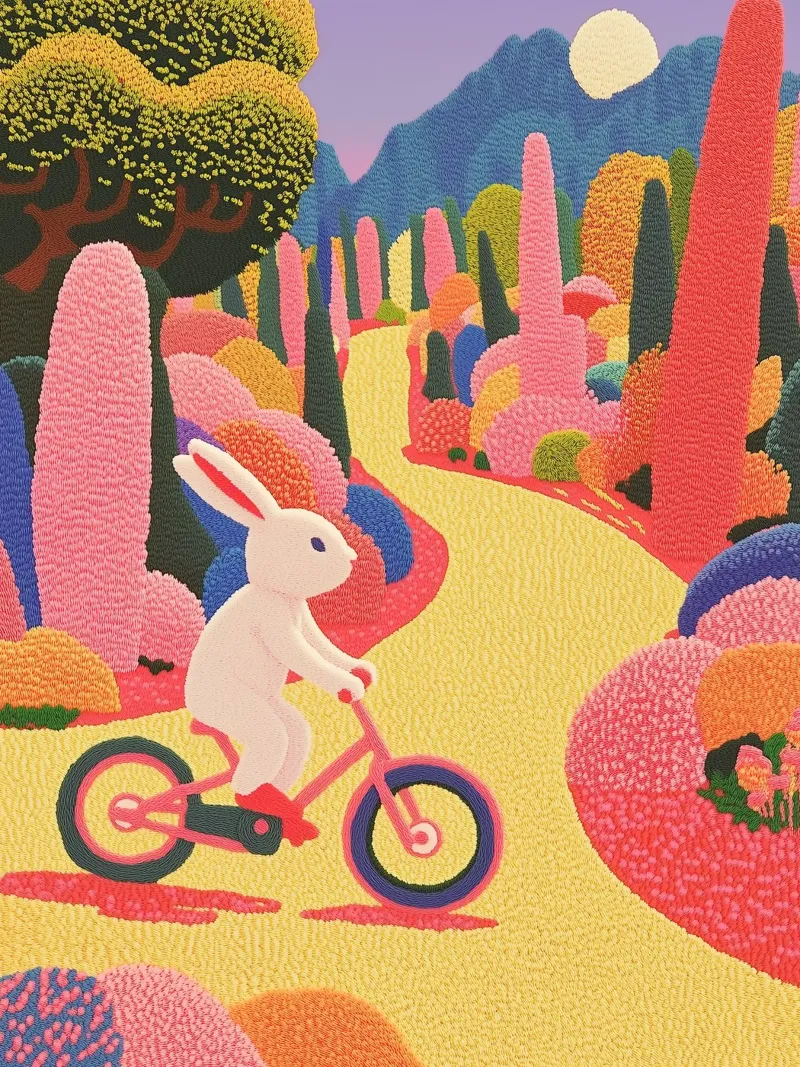 Coniglio rosa in bicicletta - Poster creativo per la camera dei bambini tela con Cornice a cassetta da Kaji