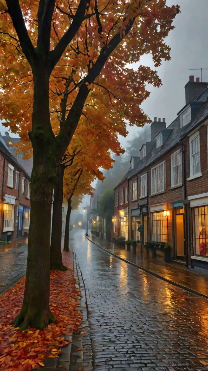 Una piovosa giornata autunnale in una pittoresca cittadina dalle strade acciottolate carta hahnemühle da DesignDoodle