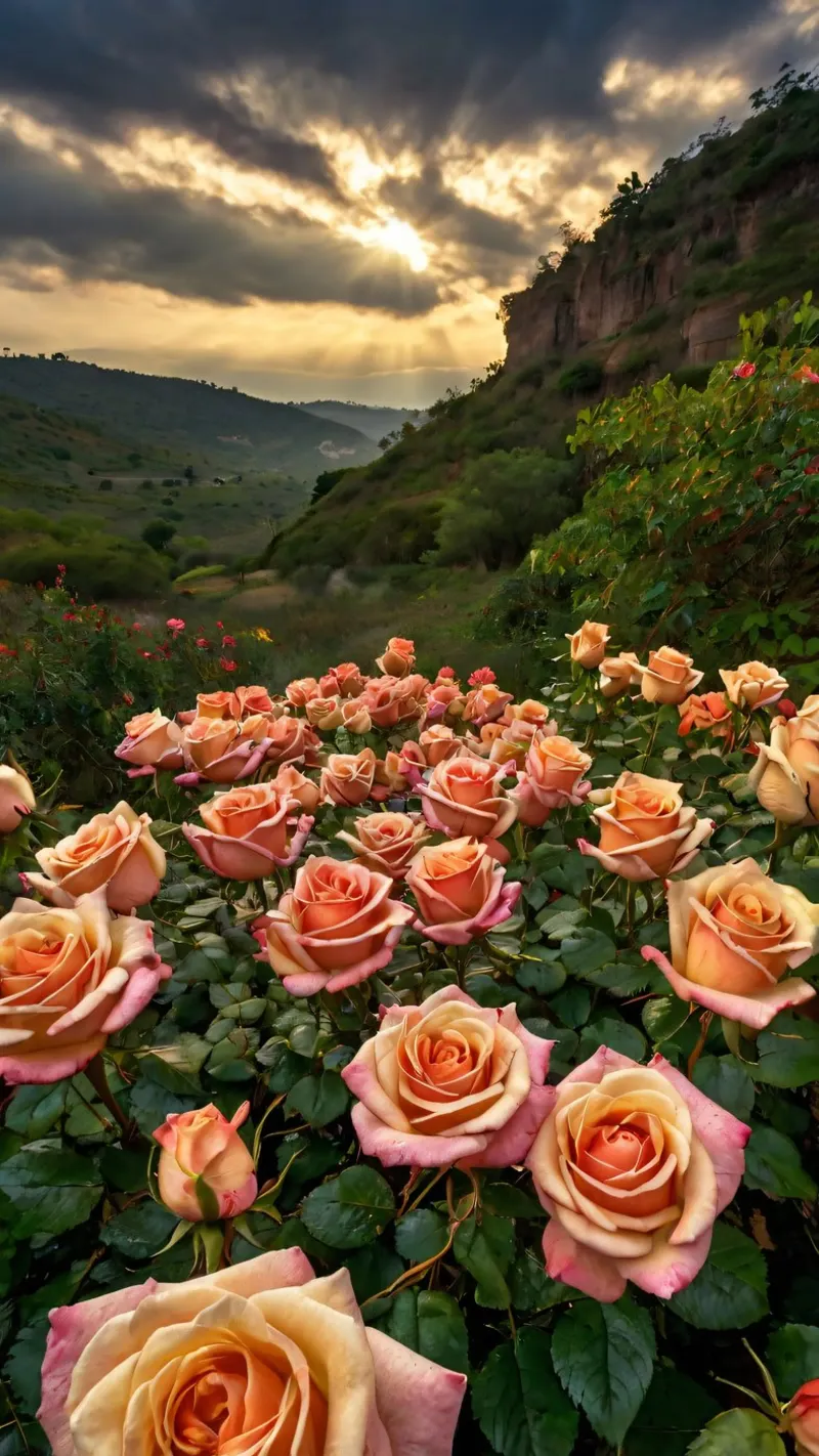 Un vivace campo di rose color pesca in fiore in una valle panoramica poster da DesignDoodle