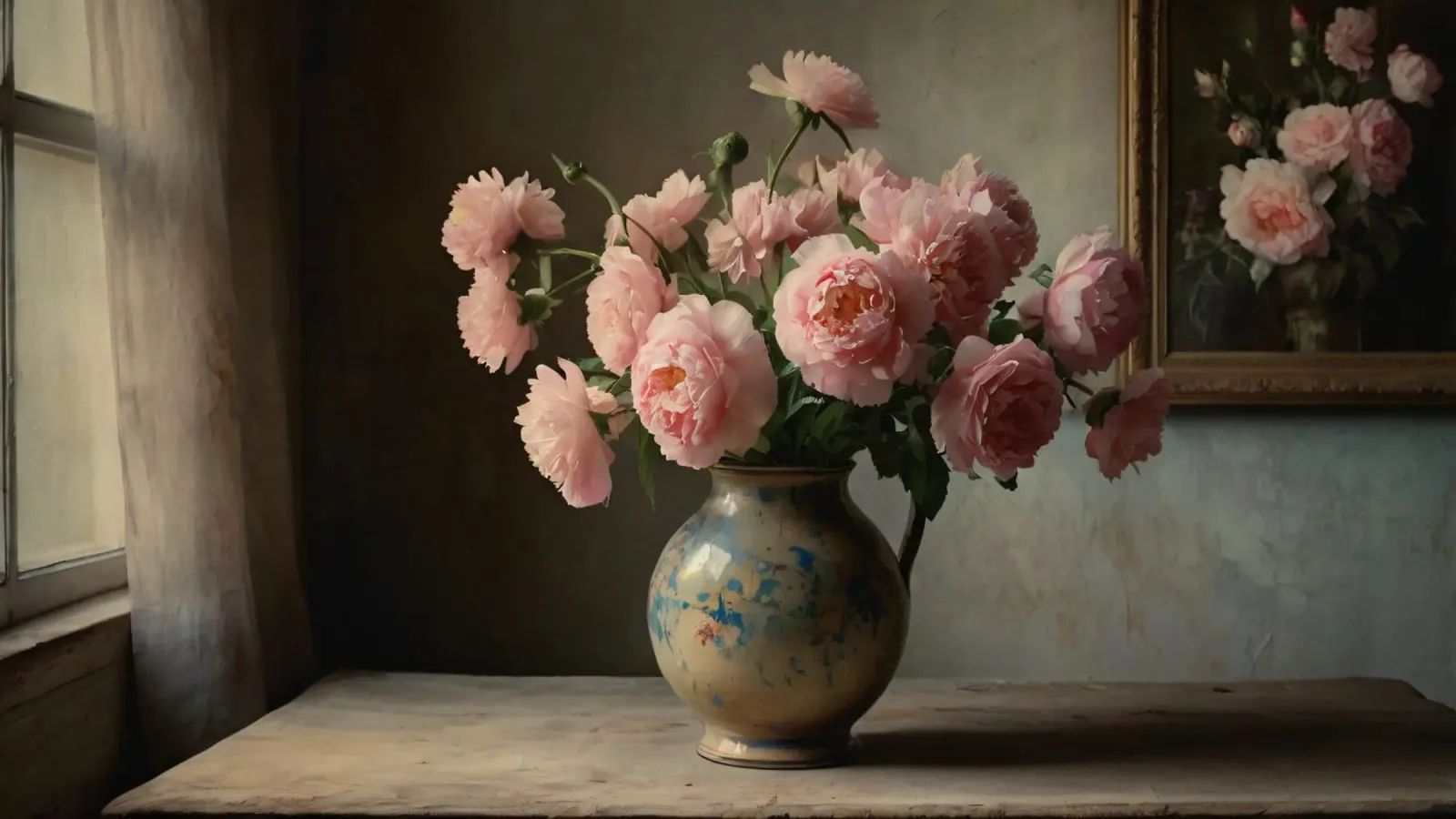 Un vaso rustico pieno di peonie rosa su un tavolo di legno pellicola backlit da DesignDoodle