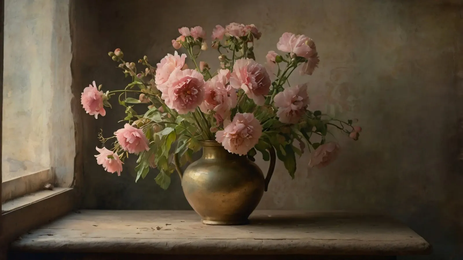 Un vaso d'ottone vintage pieno di fiori rosa tenero poster da DesignDoodle