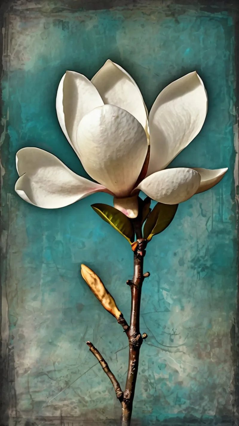 Elegant white magnolia blossom stands out against a textured poster with wooden frame by DesignDoodle