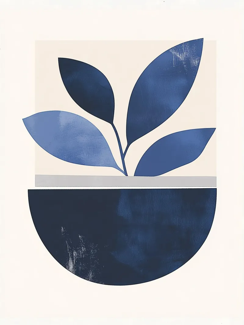 Natura morta minimalista : Vaso e foglie blu 🌀🎨🎨 poster con telaio in plastica da studiofox