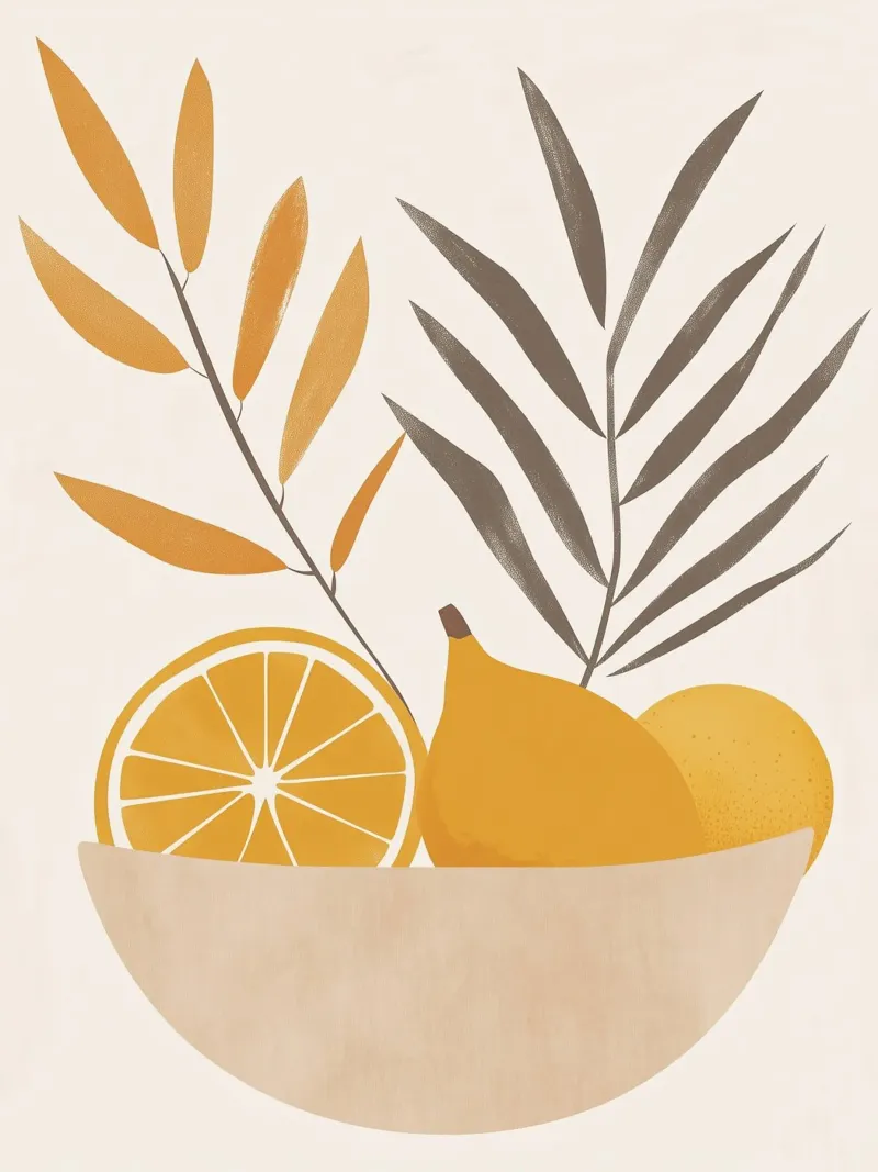 Minimalistisches Stillleben: Schale, Zitronen und Blätter 🍋✨. Poster mit Aluminium Rahmen von studiofox