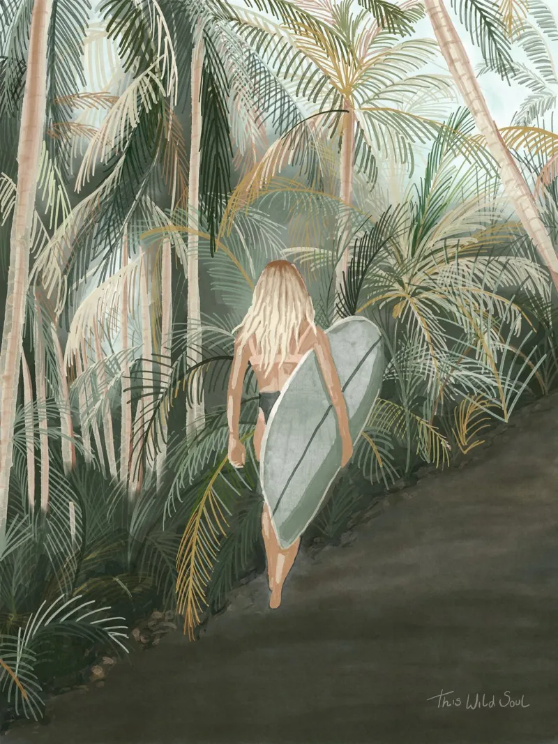 Surfeuse portant une planche de surf Route en palmier tropical - C hahnemühle de This Wild Soul - Illustration