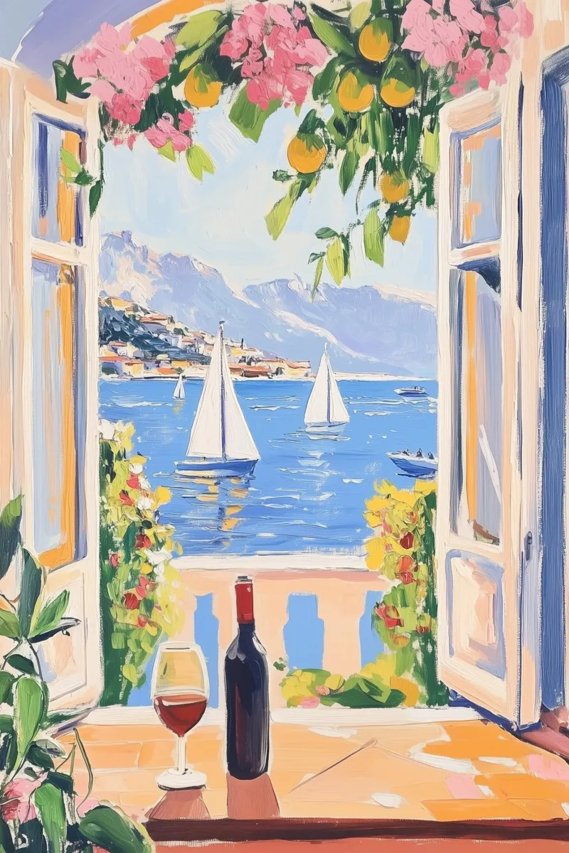 Coastal Window View - Sailboats and Wine Art canvas with Floater frame by Melloi Art Print