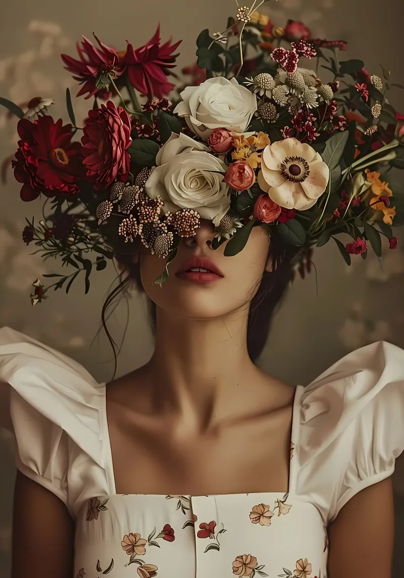 Retro Bloemen Vrouw Bloem canvas met Baklijst van diedrich