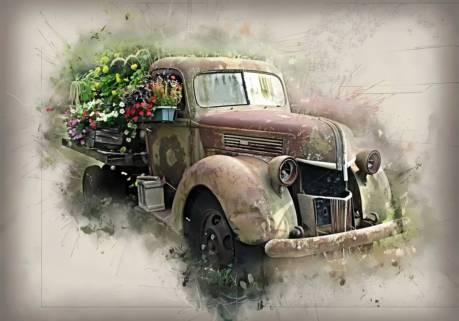 Auto retrò con fiori pellicola backlit da diedrich