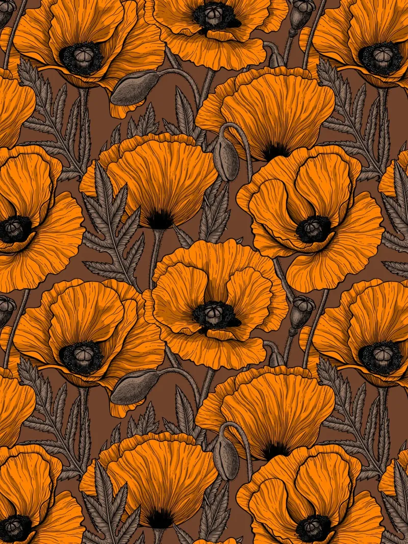 Giardino di papaveri arancioni poster con telaio in alluminio da Painted Nature
