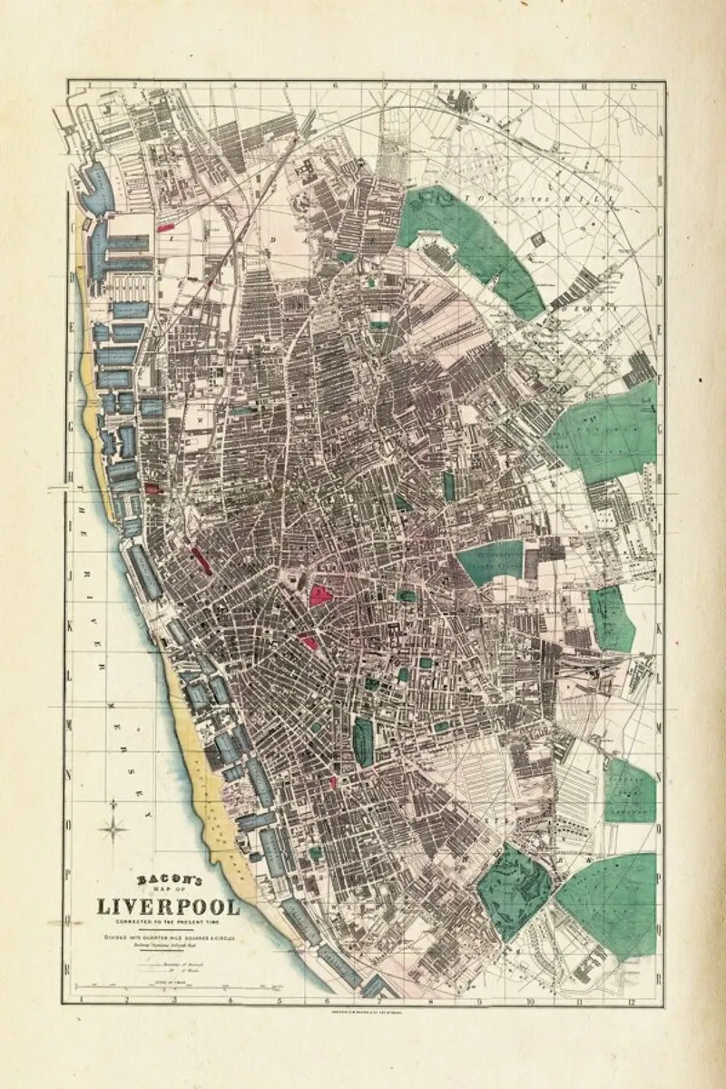 Liverpool, England, Bacon Pocket Map Of tela con Cornice a cassetta da Artokoloro Quint Lox Ltd