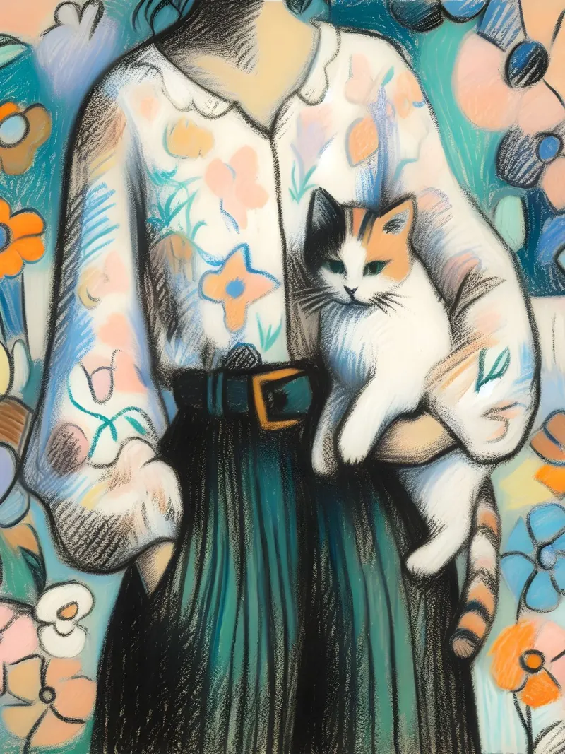 Donna che tiene in braccio un gatto poster da ARTOMATIC