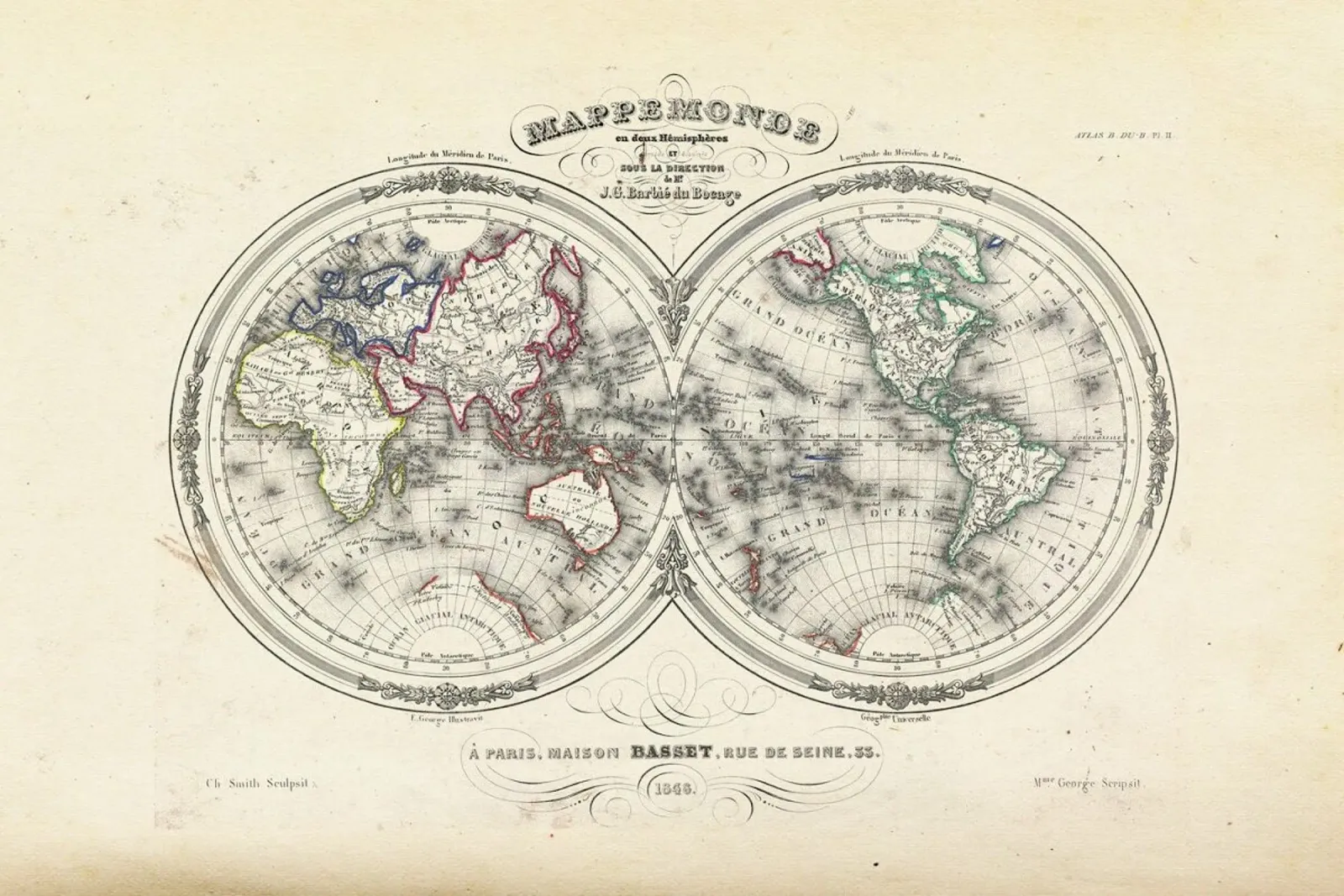 Map Of The World In Hemispheres, Barbie Du Bocage carta hahnemühle da Artokoloro Quint Lox Ltd