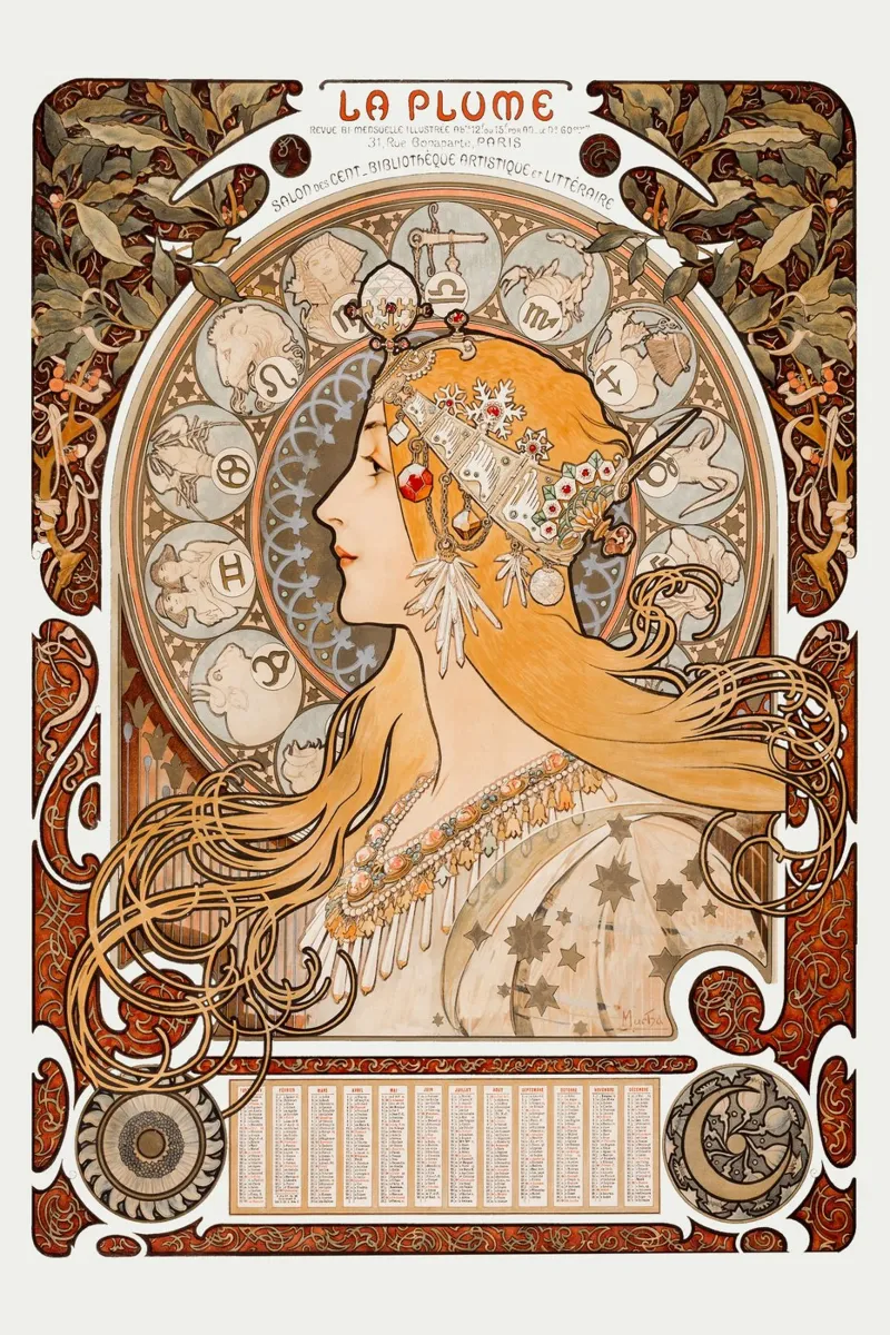Alfons Mucha - Zodiak oder Die Feder Leinwand mit Schattenfugenrahmen von Old Masters