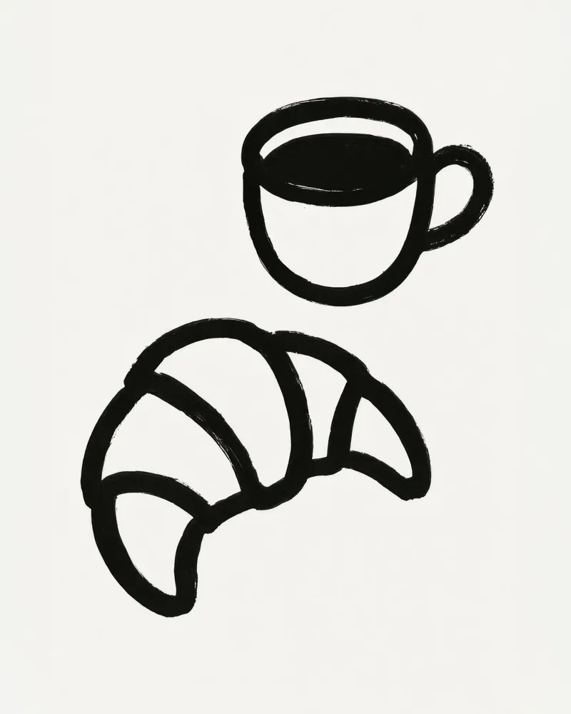 Pennellata di caffè e croissant dipinta in bianco e nero carta hahnemühle da Katja Stehle Design