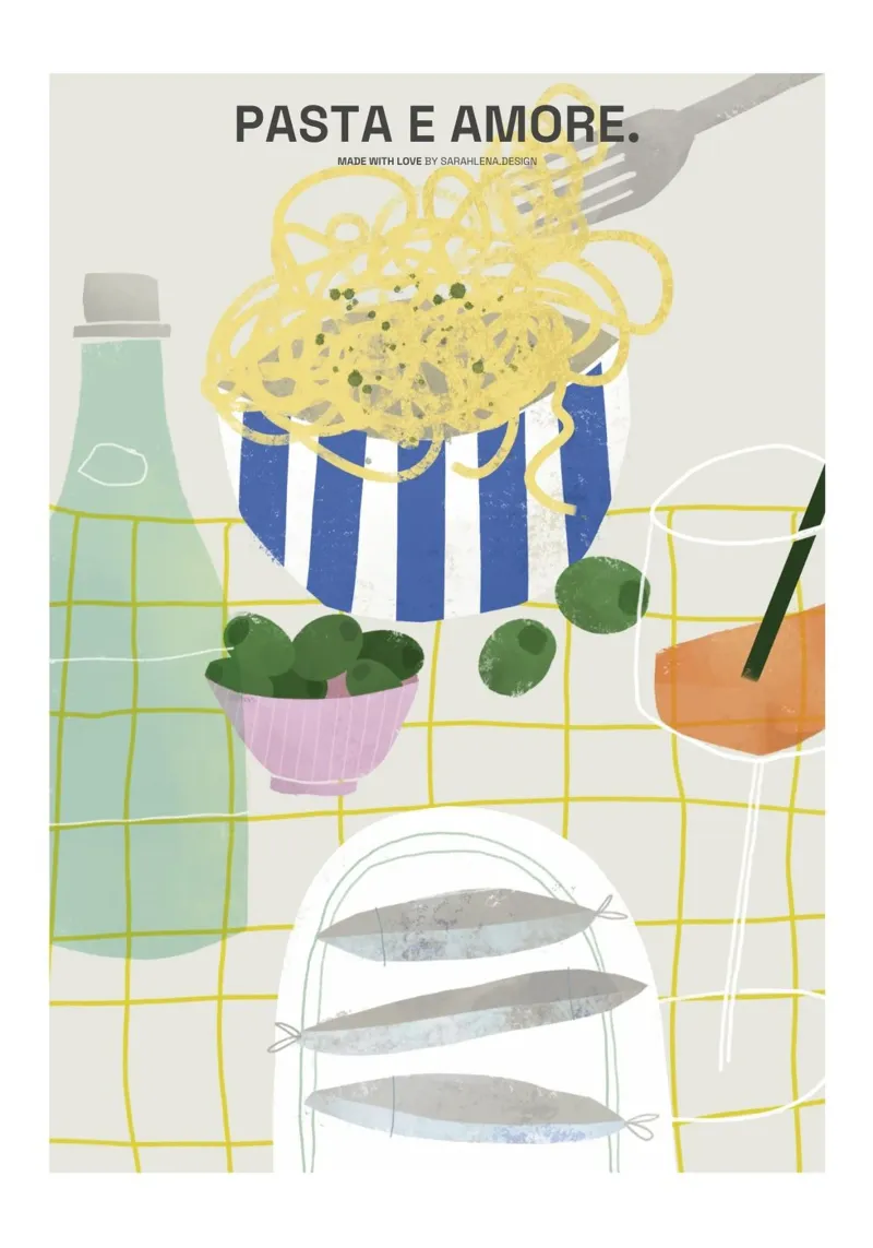 PASTA E AMORE poster con telaio in legno da sarahlenadesign