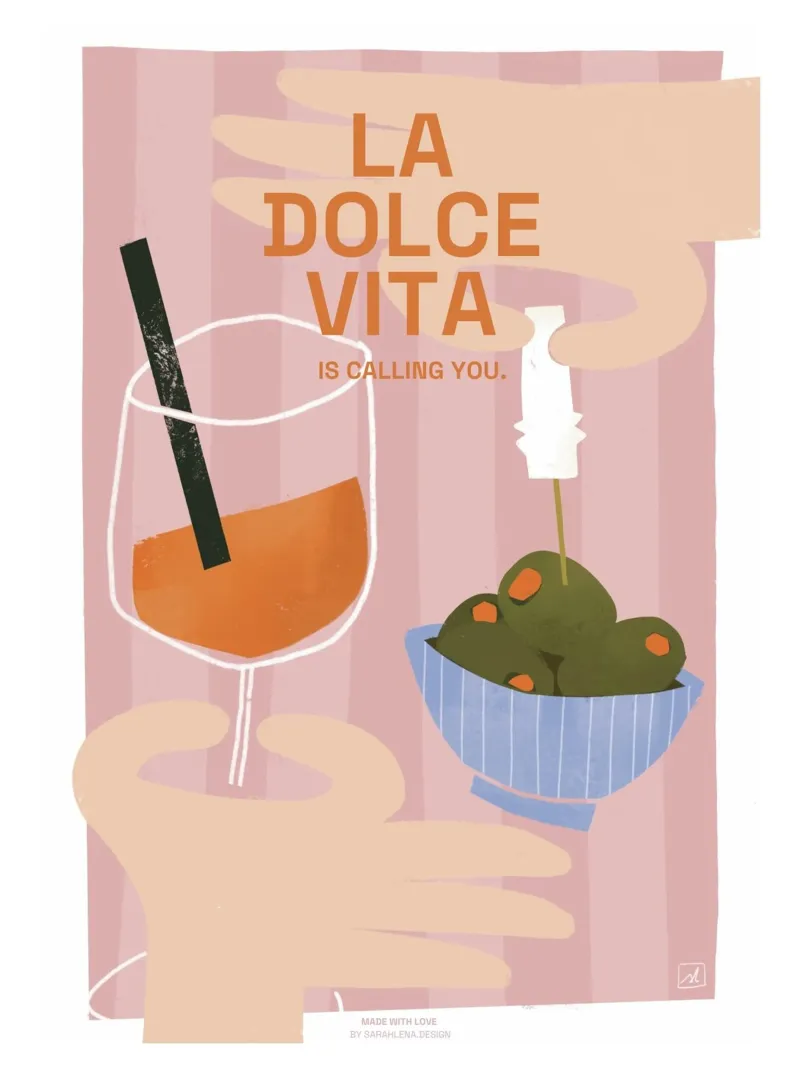 APEROL SPRITZ, OLIVES AND LA DOLCE VITA poster con telaio in plastica da sarahlenadesign