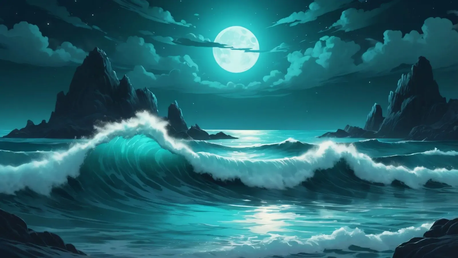 Vibrant abstract ocean waves under a luminous moonlight canvas by DesignDoodle