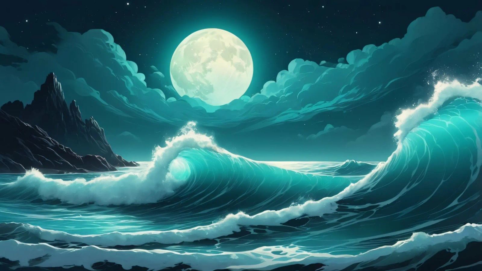 Waves crashing under a luminous moonlight backdrop poster by DesignDoodle
