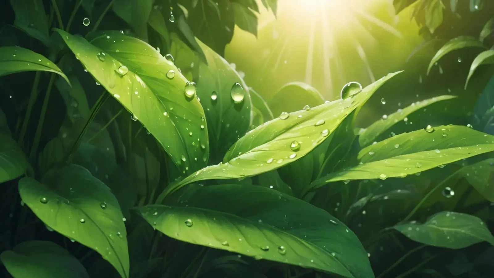 Foglie verdi e rigogliose che scintillano alla luce del sole con gocce d'acqua pellicola backlit da DesignDoodle