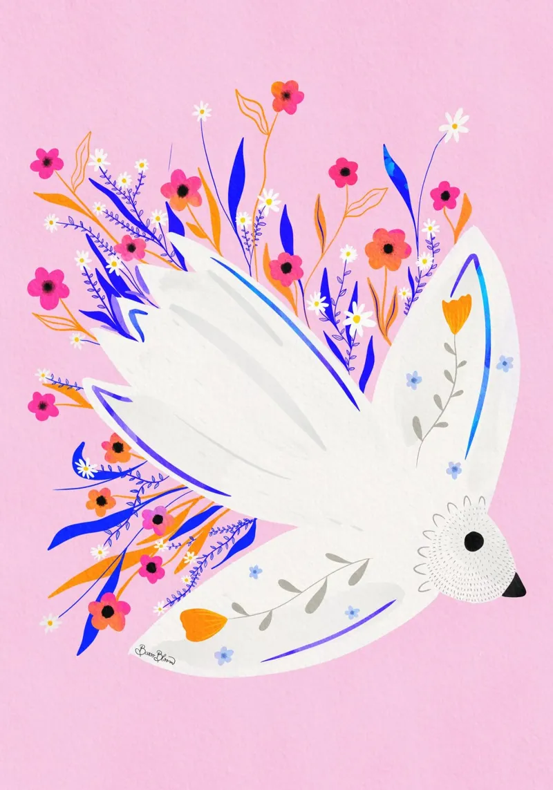 Uccello in fiori Illustrazione rosa poster con telaio in plastica da Baroo Bloom