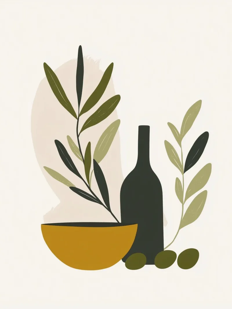 Nature morte minimaliste : Olives, bol et bouteille poster con telaio in plastica da studiofox