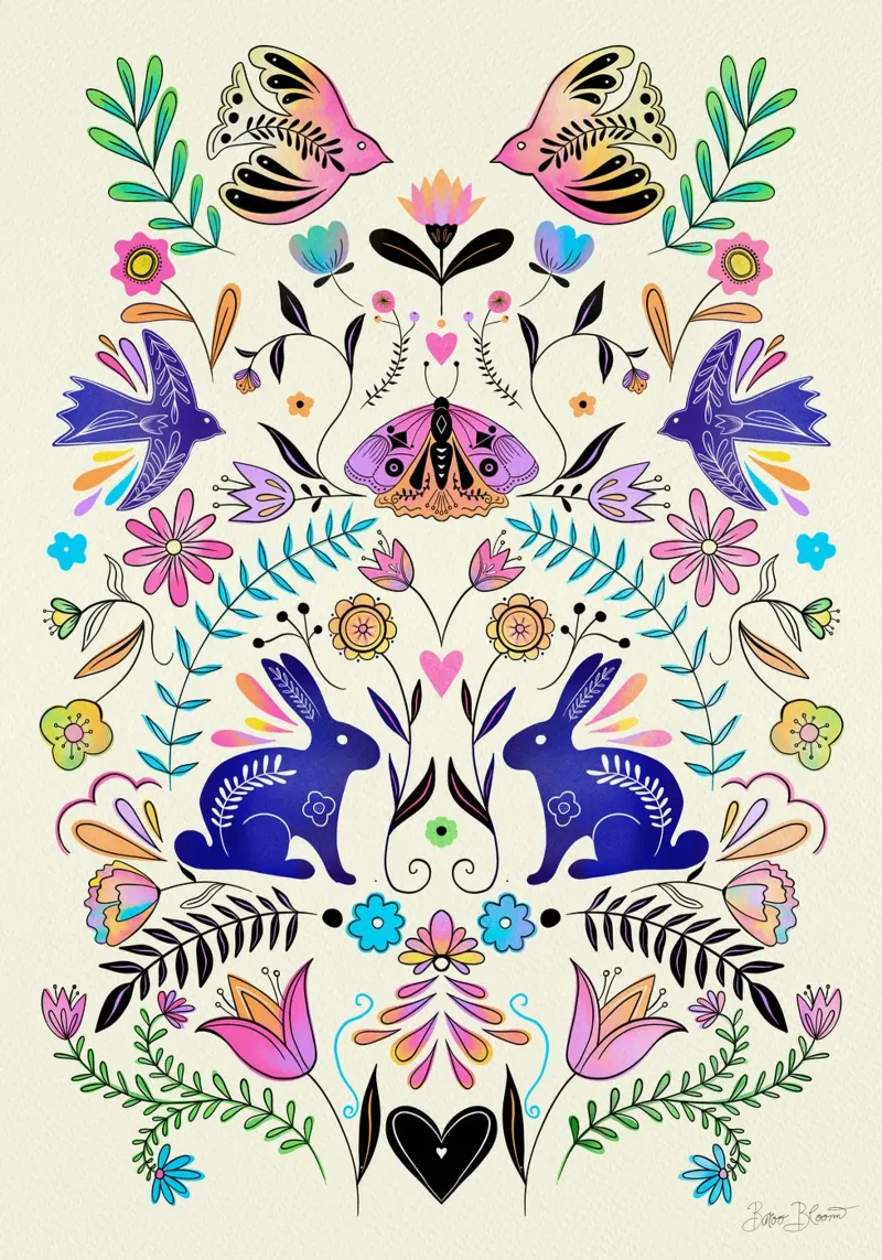 Colorful Folk Art Illustration canvas by Baroo Bloom