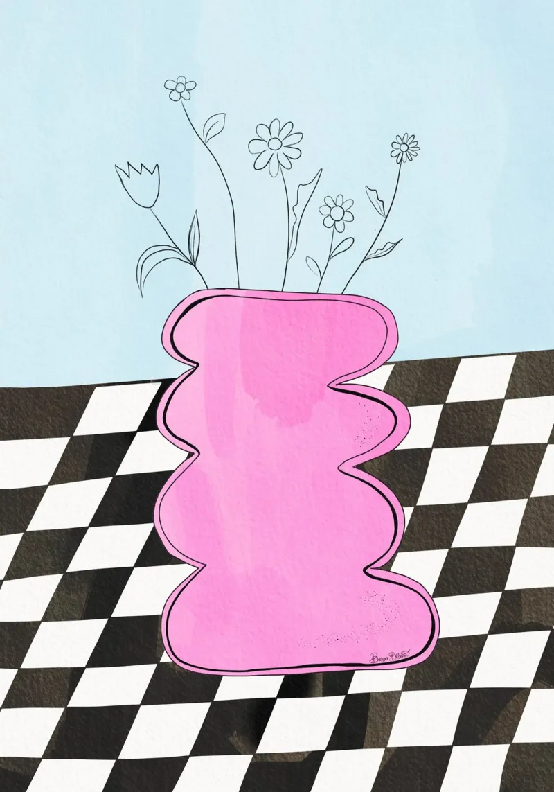 Vaso a scacchiera rosa poster con telaio in alluminio da Baroo Bloom