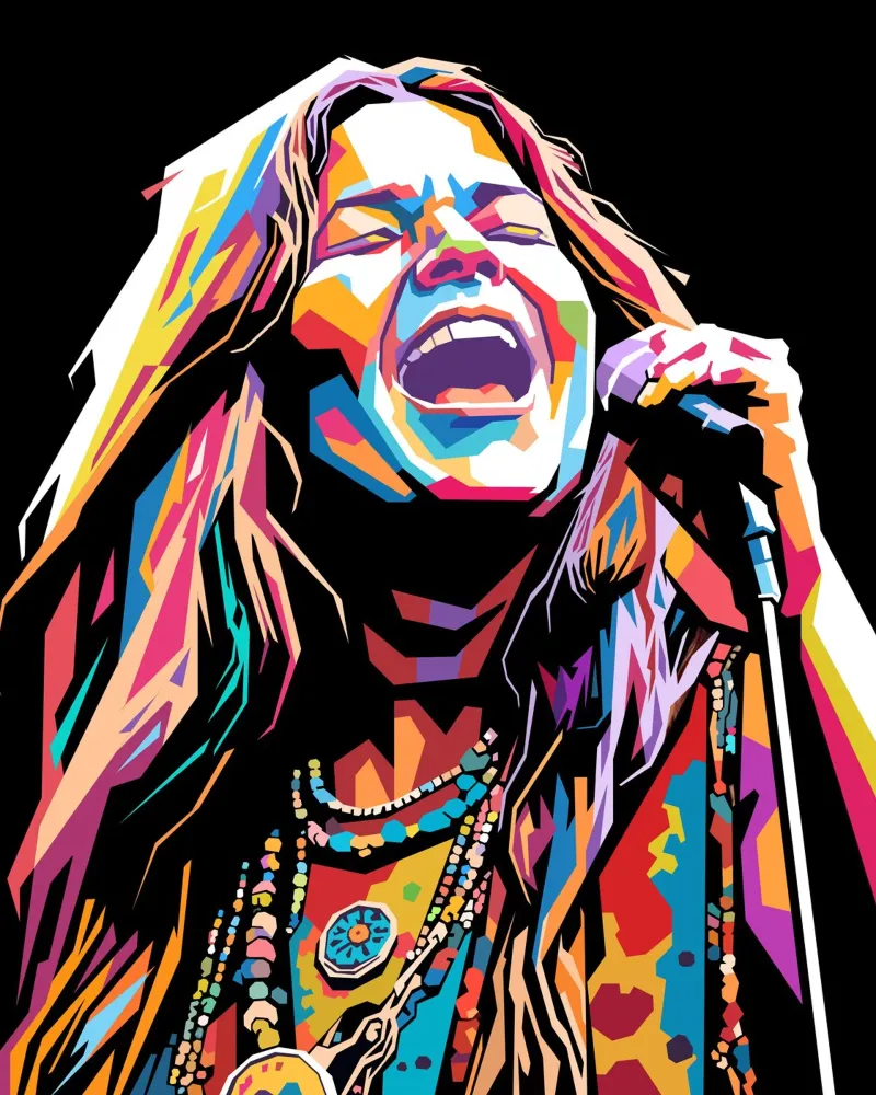 Janis Joplin, ritratto colorato in stile pop art pellicola backlit da Hantamrata
