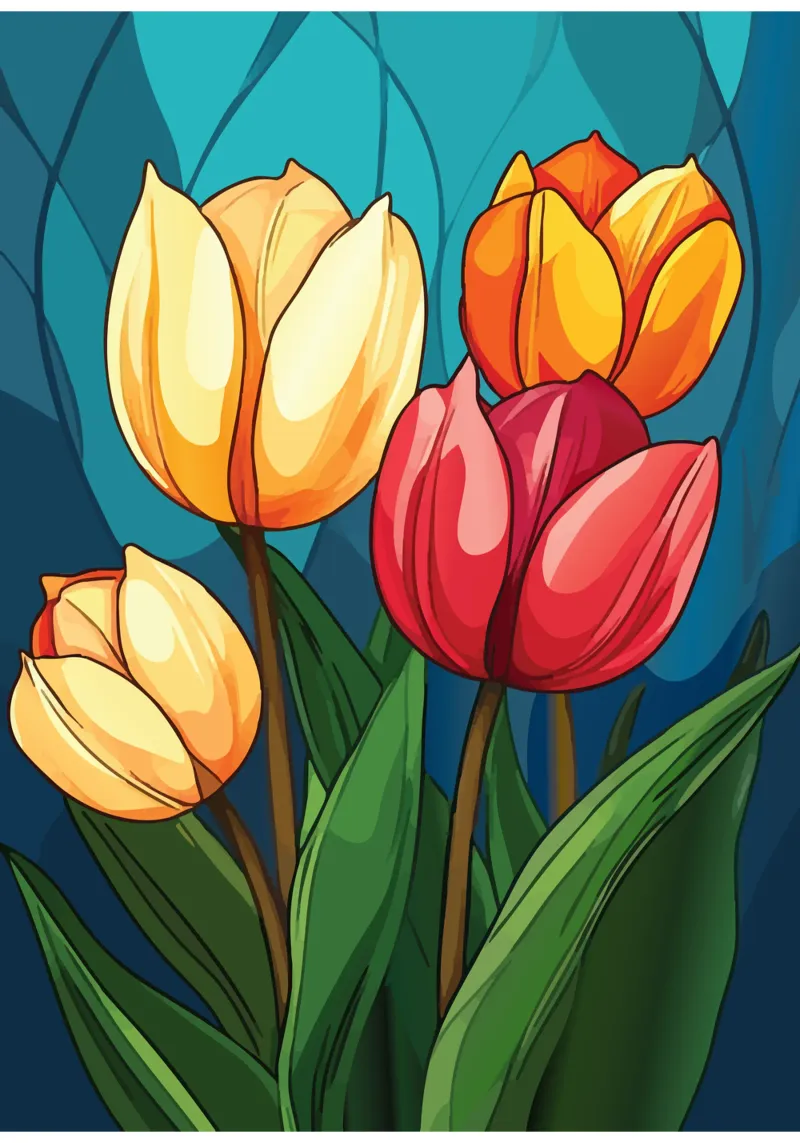Tulipani colorati su sfondo blu poster con telaio in legno da pixelbull - medieval art and more