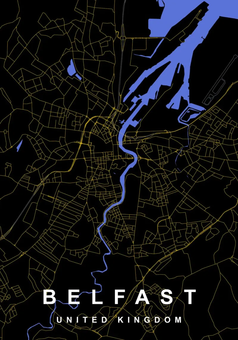Mappa della città di Belfast, Regno Unito, nero e oro alluminio dibond da Cartographers Library