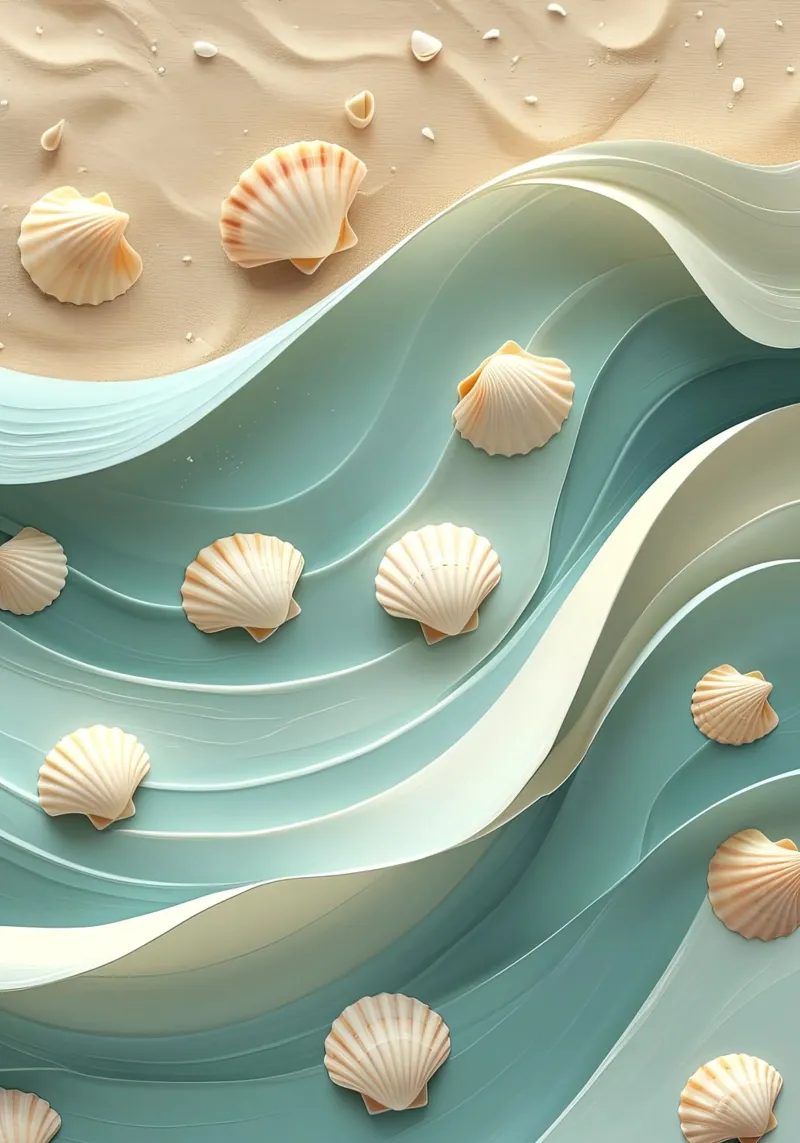 Conchiglie su onde stilizzate su una spiaggia di sabbia alluminio dibond da pixelbull - medieval art and more