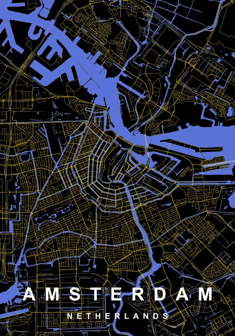 Amsterdam Paesi Bassi - Mappa della città in nero e oro alluminio dibond da Cartographers Library