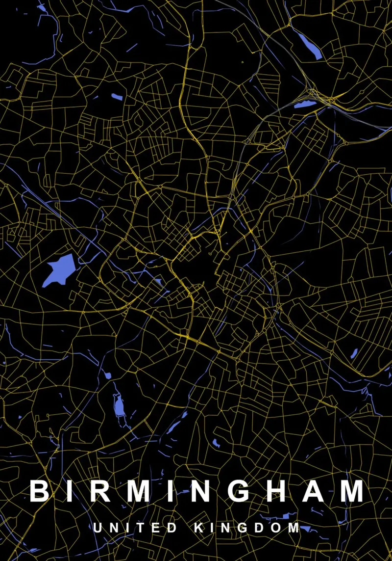 Mappa della città di Birmingham Regno Unito nero e oro alluminio dibond da Cartographers Library