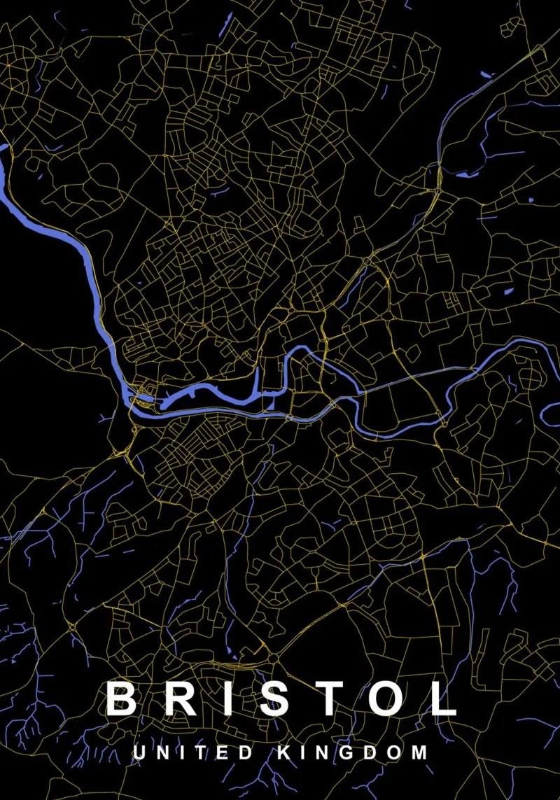 Mappa della città di Bristol Regno Unito nero e oro alluminio dibond da Cartographers Library