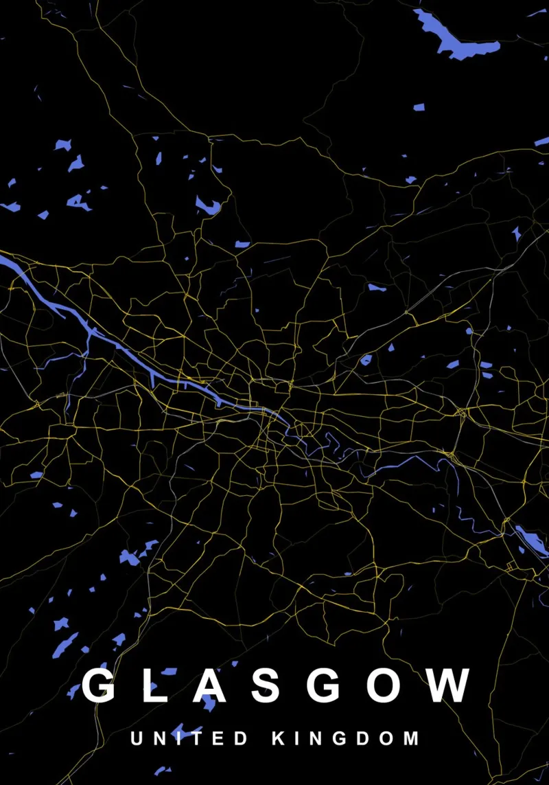 Mappa della città di Glasgow Regno Unito nero e oro carta hahnemühle da Cartographers Library