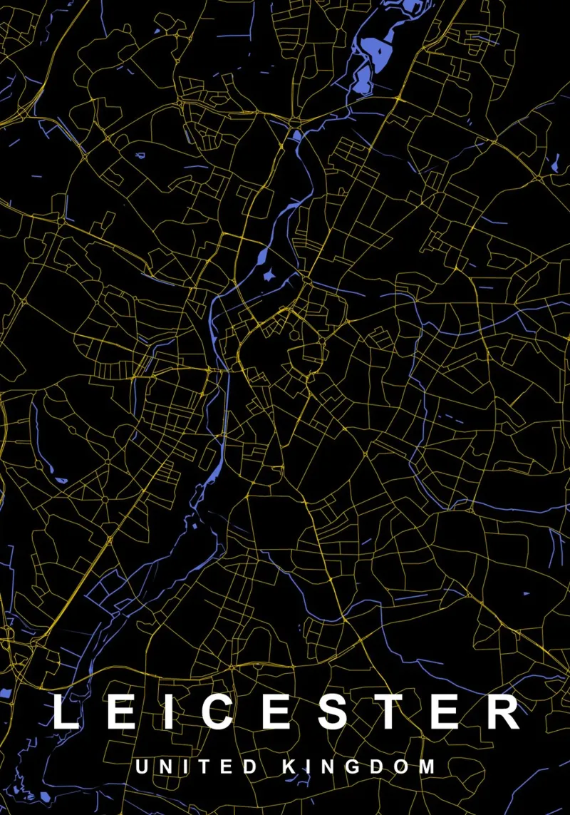 Mappa della città di Leicester Regno Unito nero e oro alluminio dibond da Cartographers Library