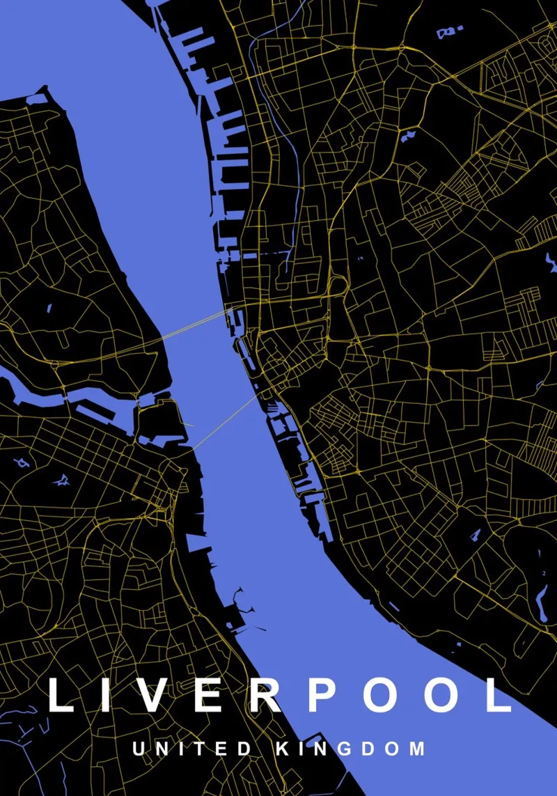 Liverpool UK City Map Black and Gold backlit film by Cartographers Library