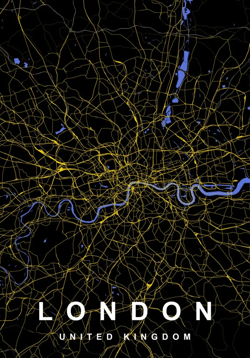 Mappa della città di Londra Regno Unito nero e oro alluminio dibond da Cartographers Library