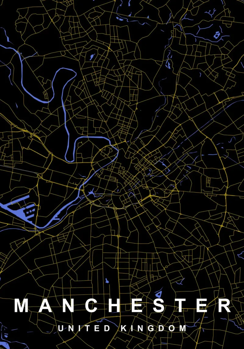 Mappa della città di Manchester Regno Unito nero e oro alluminio dibond da Cartographers Library