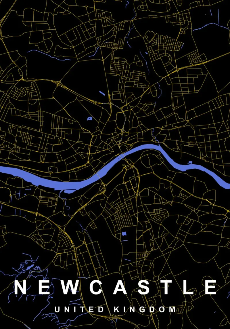Mappa della città di Newcastle Regno Unito nero e oro pellicola backlit da Cartographers Library