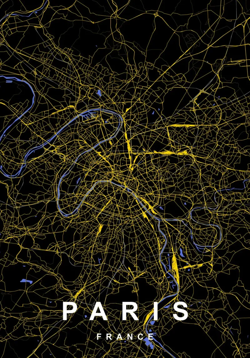 Parigi Francia - Mappa della città in nero e oro alluminio dibond da Cartographers Library