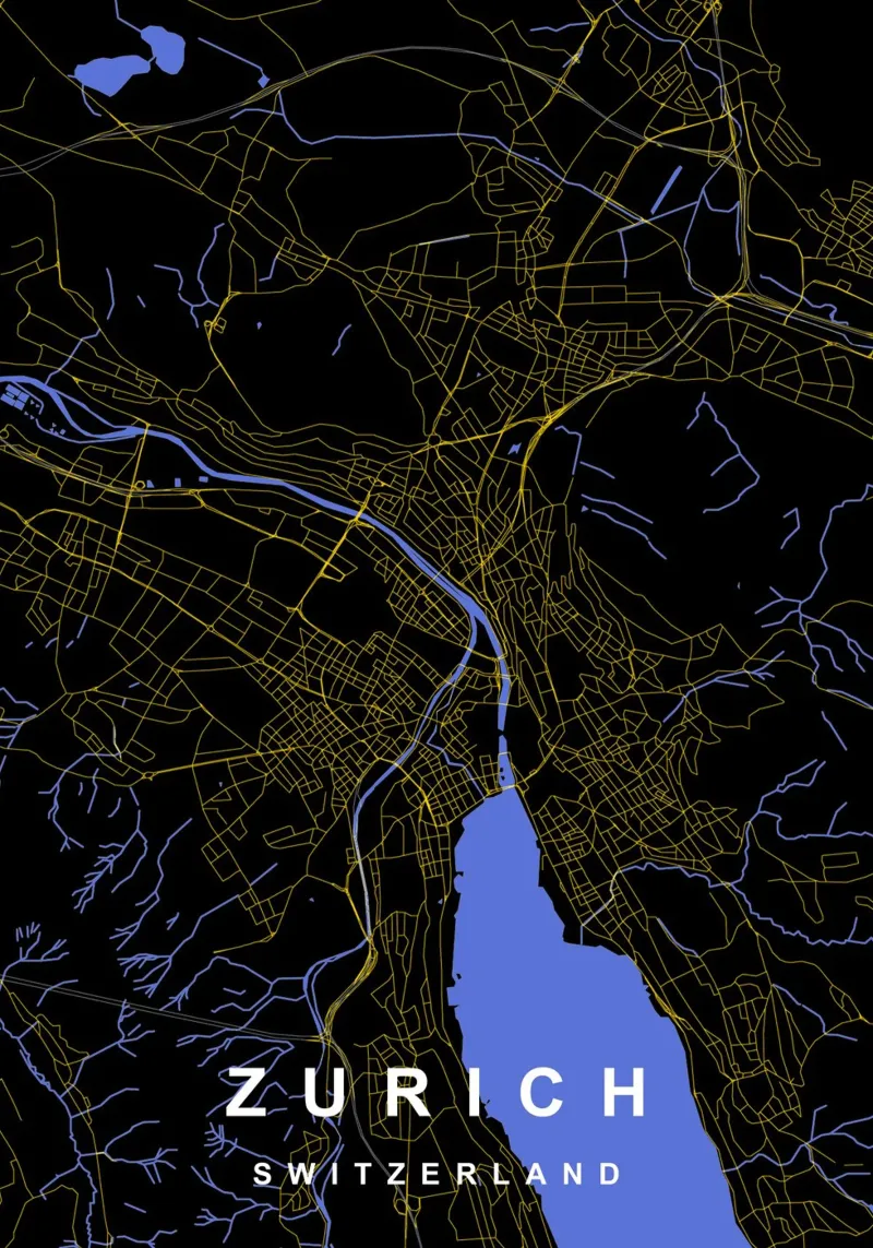 Zurigo Svizzera - Mappa della città in nero e oro pellicola backlit da Cartographers Library
