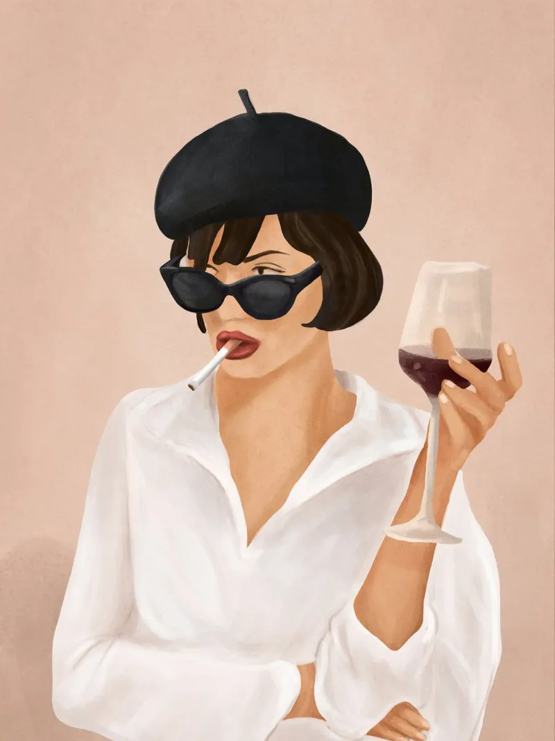 Stylish Woman with Wine and Cigarette poster con telaio in alluminio da Flow Line