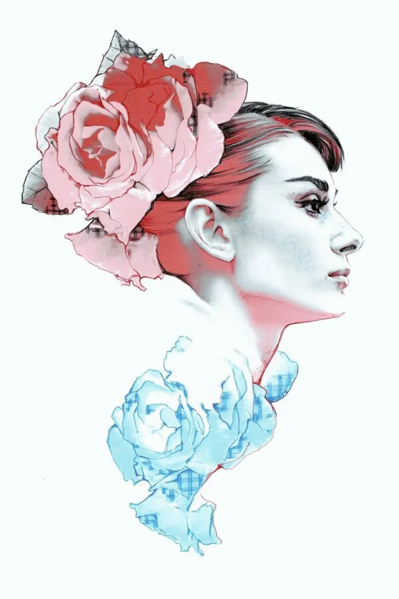 Audrey Hepburn collage poster con telaio in alluminio da Susana Miranda ilustracion