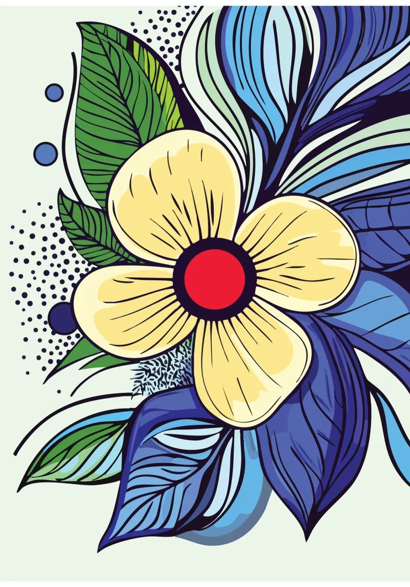 Fiore giallo con centro rosso su base fogliare poster da pixelbull - medieval art and more