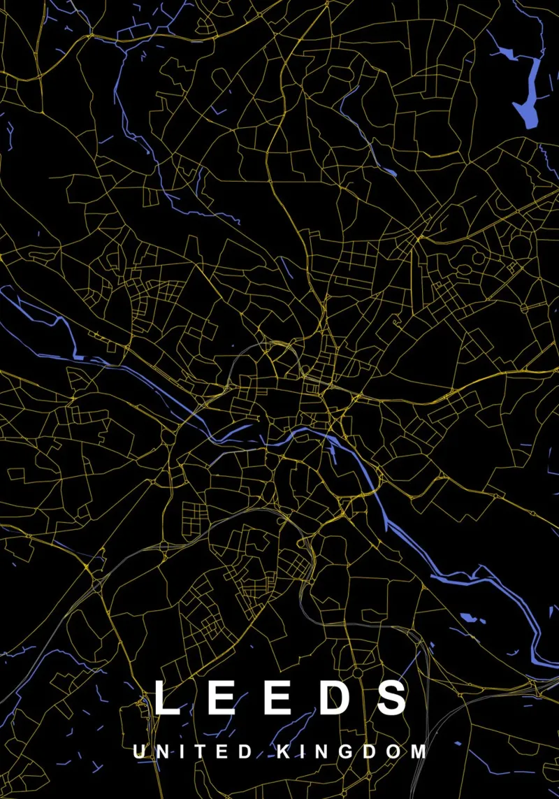 Mappa della città di Leeds Regno Unito nero e oro alluminio dibond da Cartographers Library
