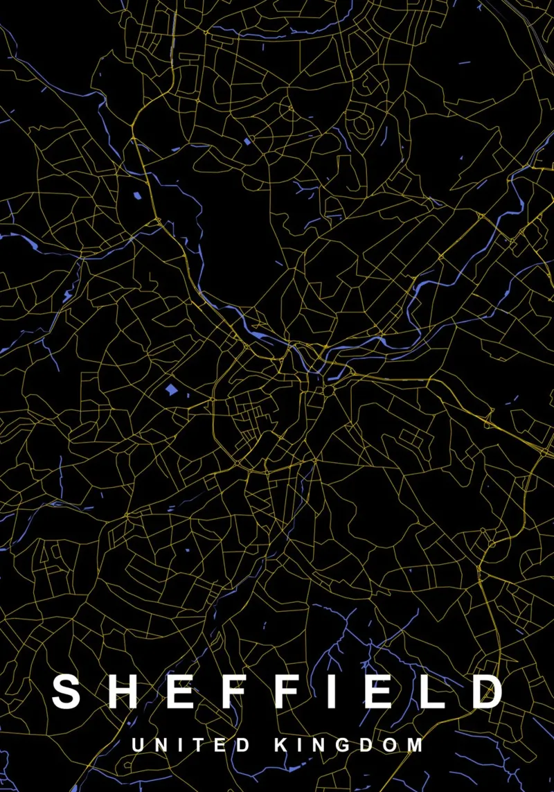 Mappa della città di Sheffield Regno Unito nero e oro poster da Cartographers Library