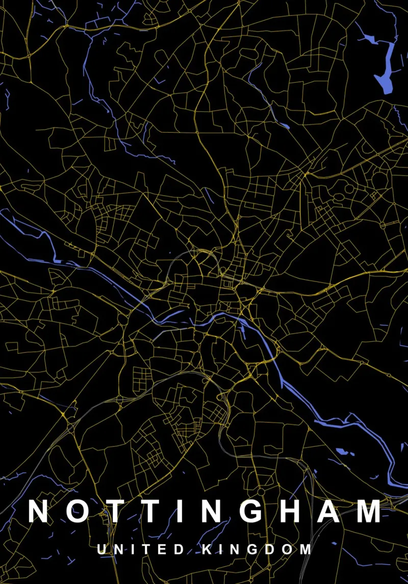 Mappa della città di Nottingham Regno Unito nero e oro alluminio dibond da Cartographers Library